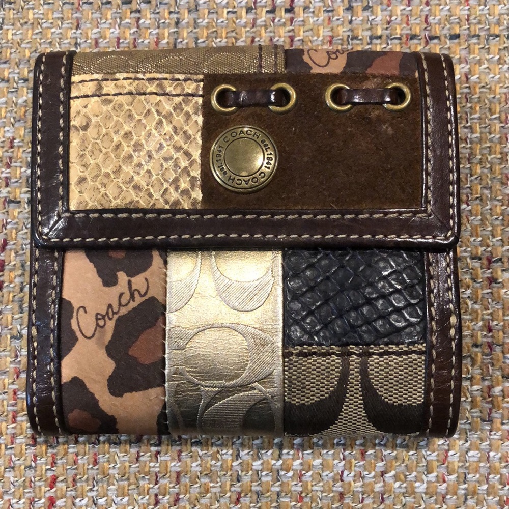 COACH Patchwork Bifold Brown Leather Madras Wallet with Coin Section